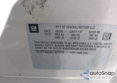 2012 Chevrolet Cruze 1Lt from USA, damaged, VIN 1G1PF5SC2C7297312